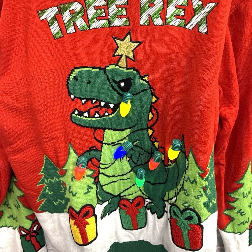 Giggling Getup L Ugly Christmas Sweater LED Light Up Christmas Dinosaur Tree Rex - Picture 13 of 13